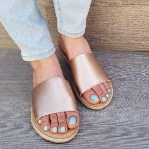 Shoes - Rose Gold Slip on Slider Flat Sandal Espadrille